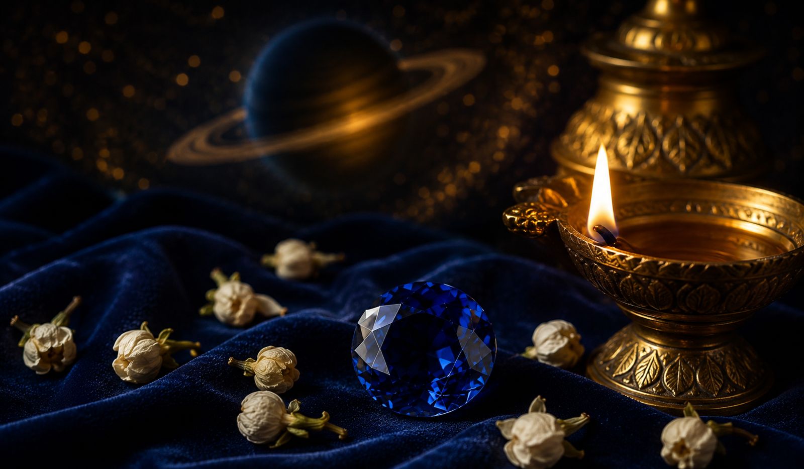 Blue sapphire Neelam gemstone on navy velvet with diya — blue sapphire neelam effects in Vedic astrology