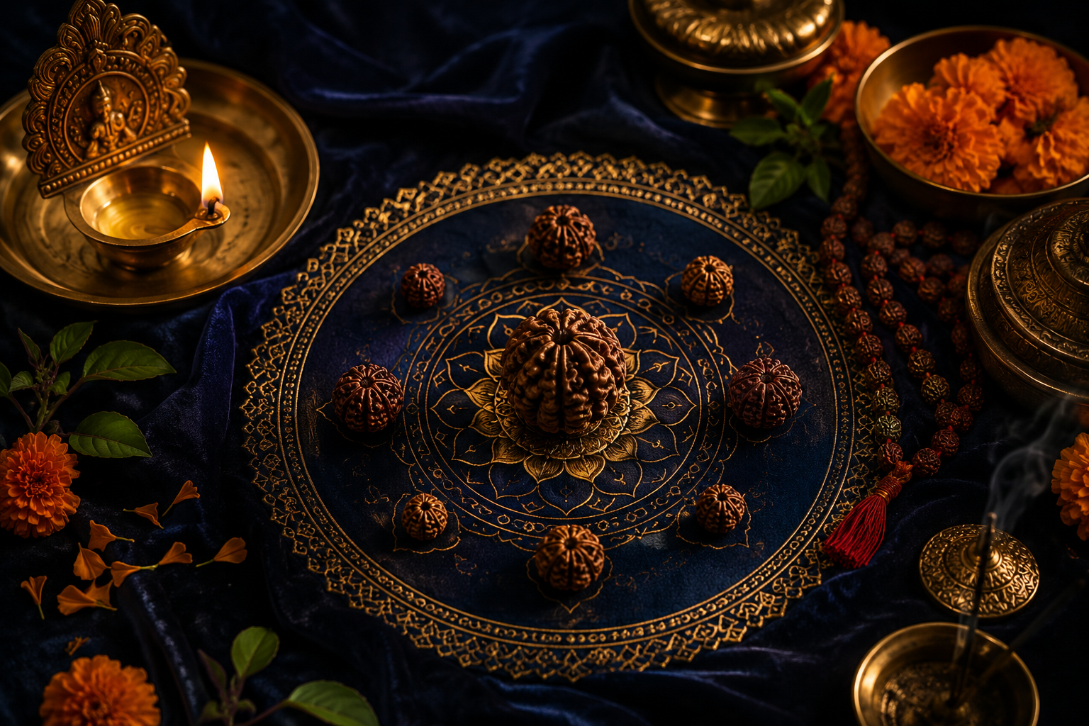 Many Rudraksha beads of different mukhis arranged with a diya — types of Rudraksha and their benefits